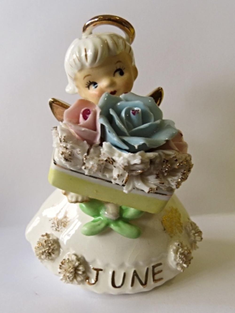 Lefton Japan June Angel Blue Pink Flowers Spaghetti Trim Rose Pearl AR5168